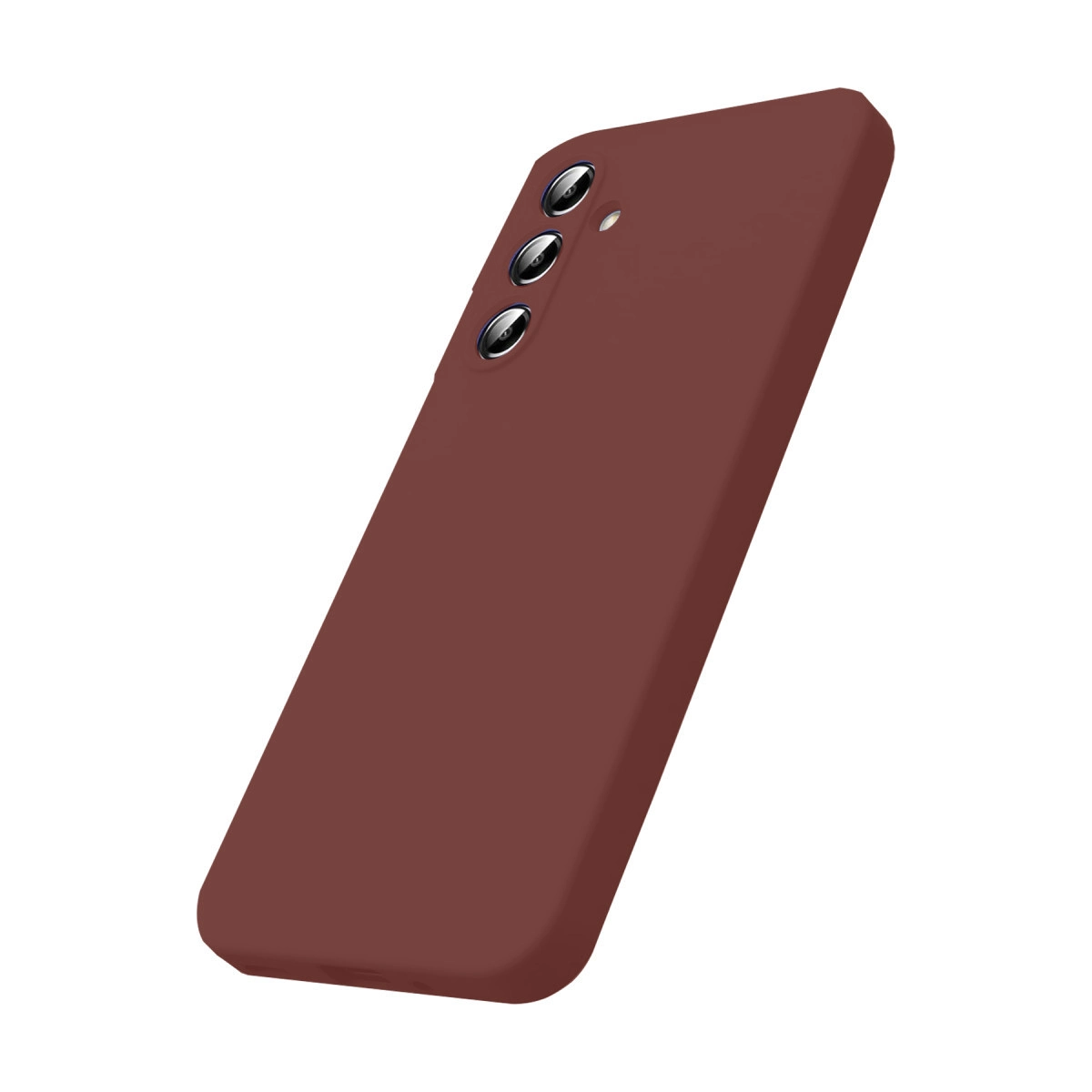 Üç kamera lensli koyu kırmızı telefon kılıfı. Beyaz arka plan.