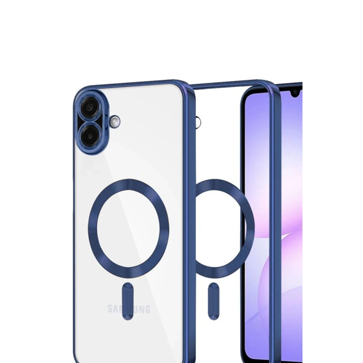 Mavi kenarlı ve manyetik halkalı şeffaf telefon kılıfı.