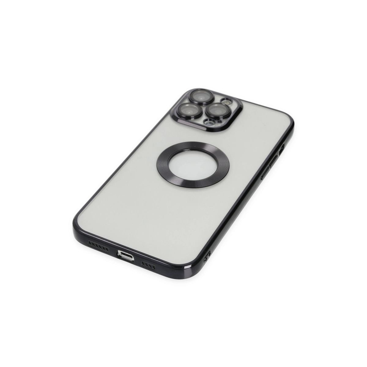Siyah kenarlı ve kamera çerçeveli şeffaf telefon kılıfı, halkalı.
