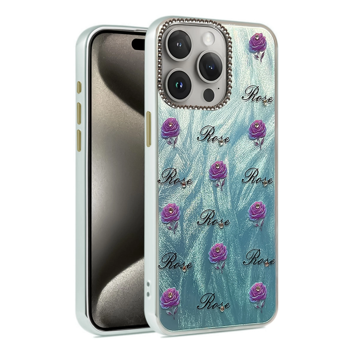 Gül desenli ve parlak kenarlı açık mavi telefon kılıfı.