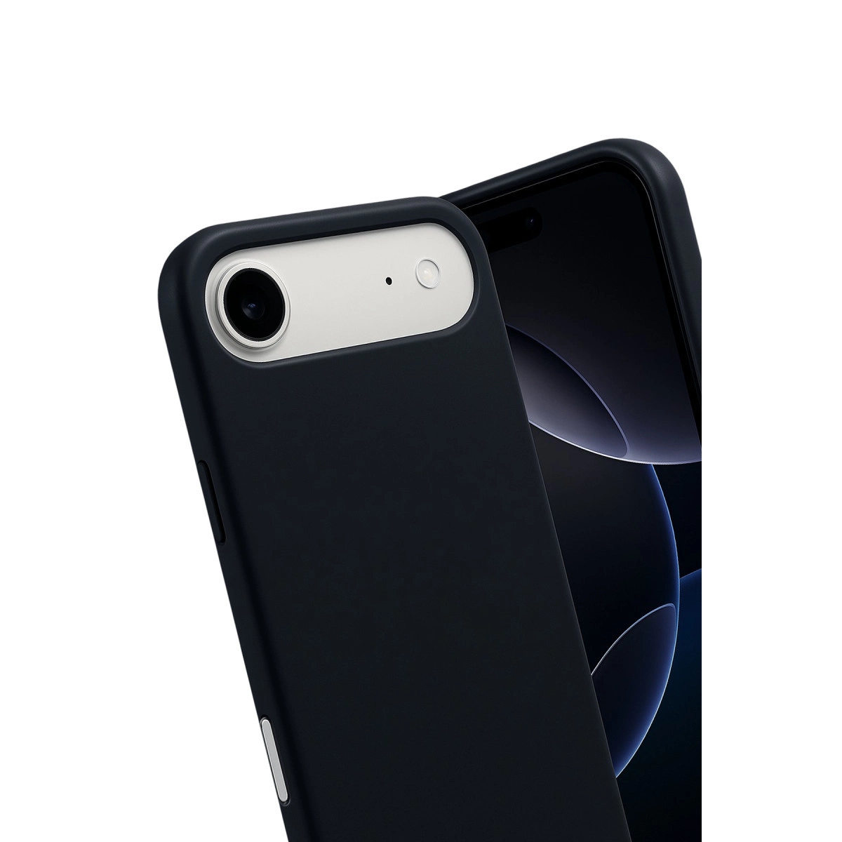 Koyu mavi iPhone çift arka kamera ile, beyaz arka plana karşı.