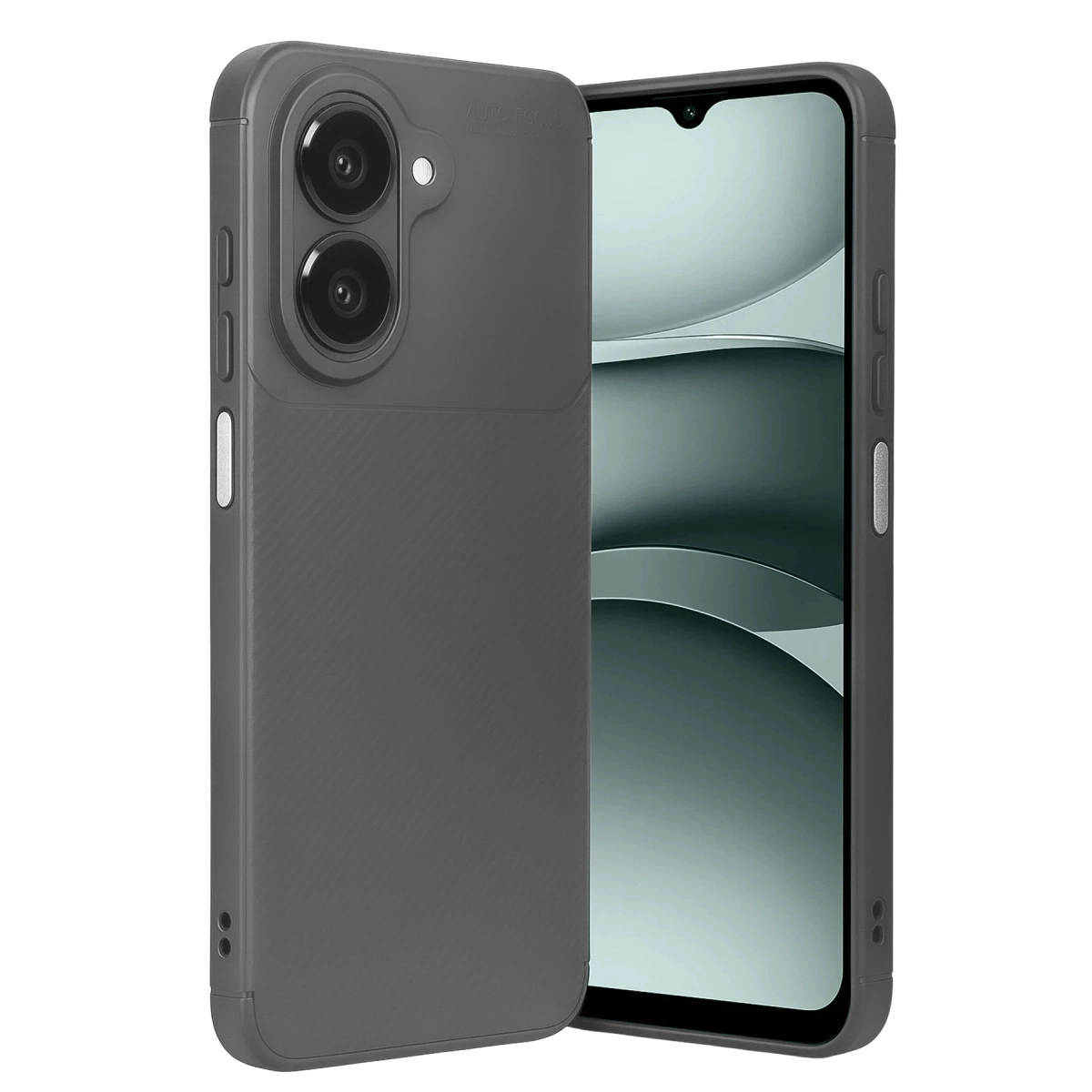 Koyu gri telefon kılıfı çift kamera ile, akıllı telefon ekranının yanında.