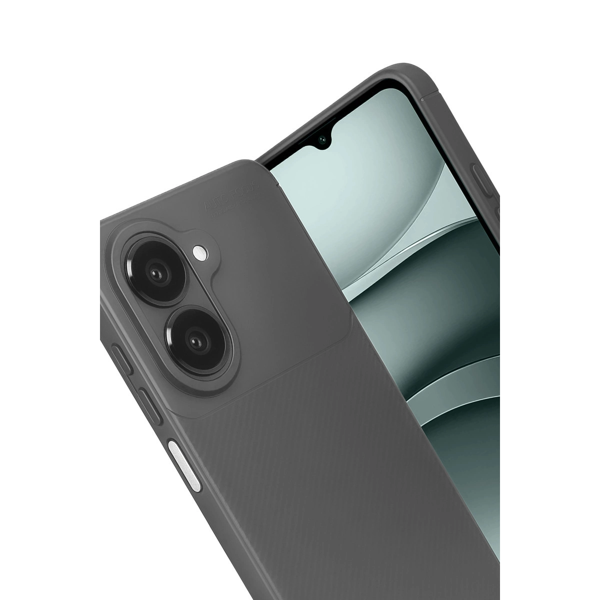İki kameralı koyu renkli telefon ve gri kılıf.