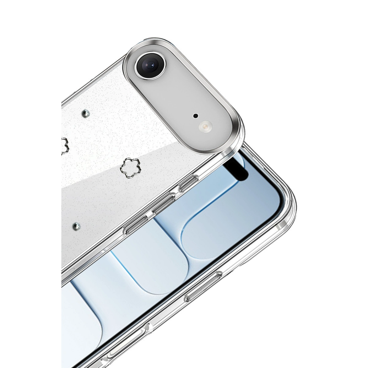 Sim ve çiçek desenli şeffaf telefon kılıfı.