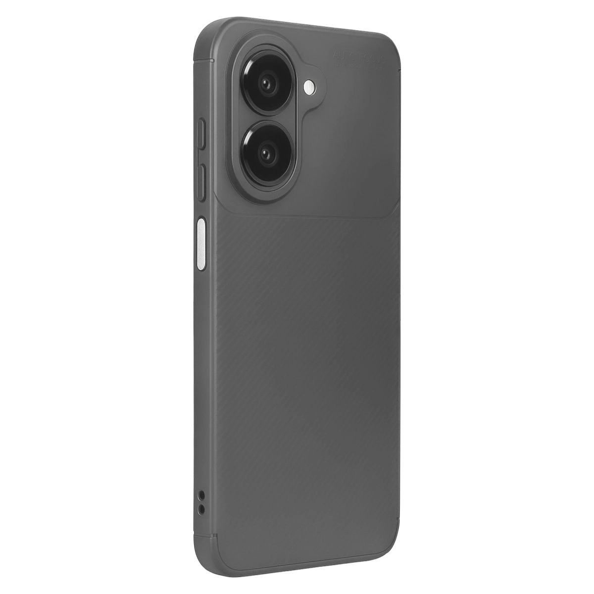 Çift kameralı, dokulu arka yüzlü koyu gri telefon.