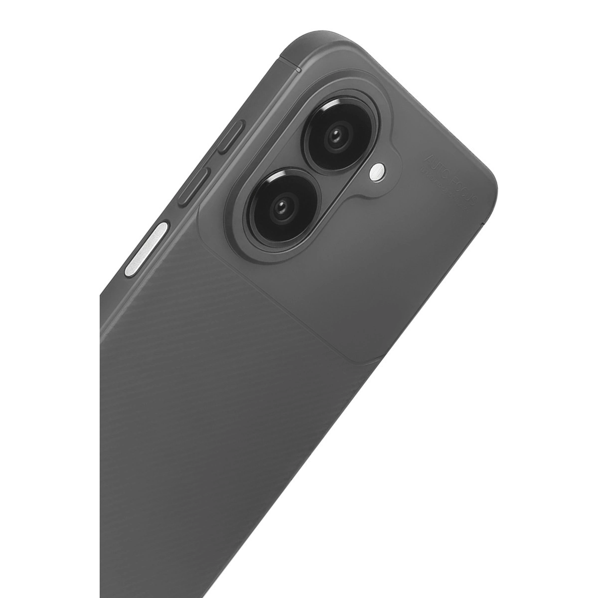 Koyu gri akıllı telefon, çift kamera ve arkasında dokulu çizgiler bulunur.