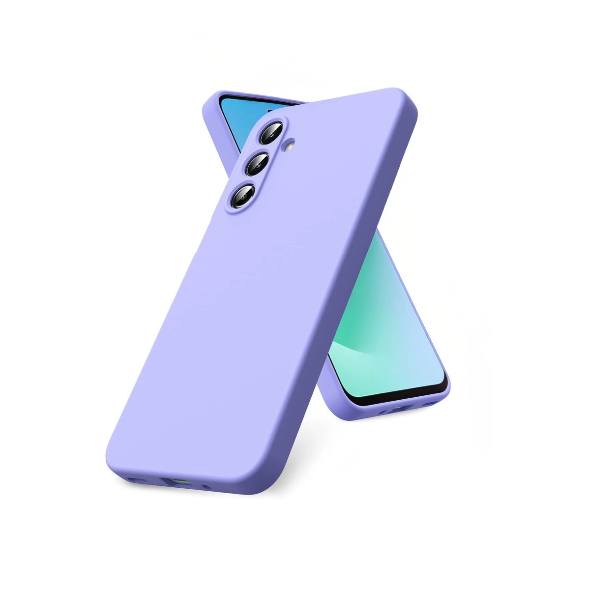 Mor bir telefon kılıfı, turkuaz ekranlı bir akıllı telefonun üzerinde duruyor.