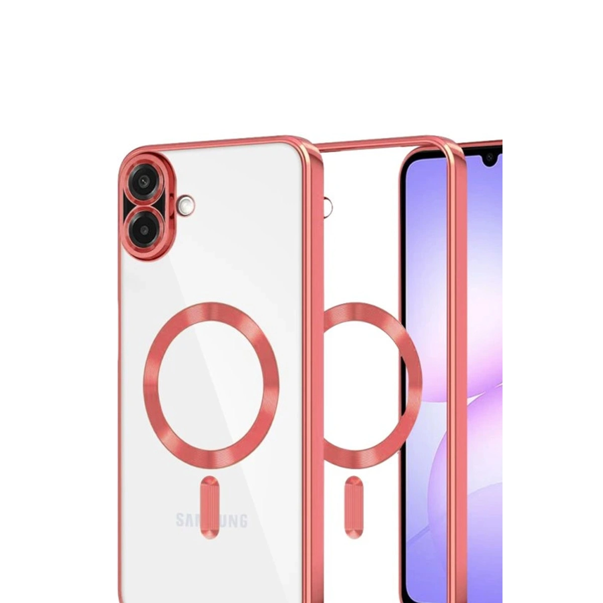 Rose altın çerçeveli, kameralı ve MagSafe halkalı şeffaf telefon kılıfı.