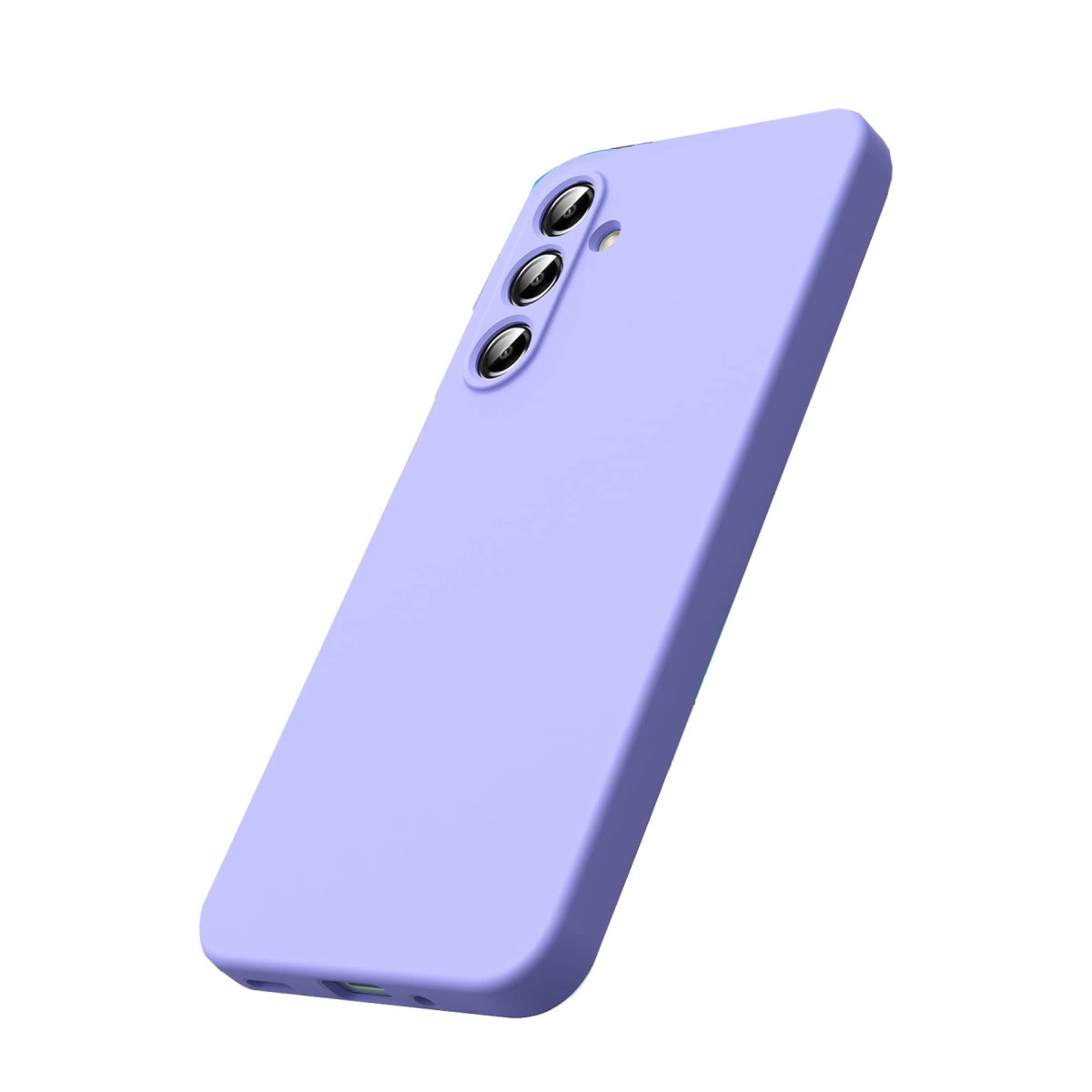 Arkada üç kamera lensi olan lavanta rengi telefon kılıfı.