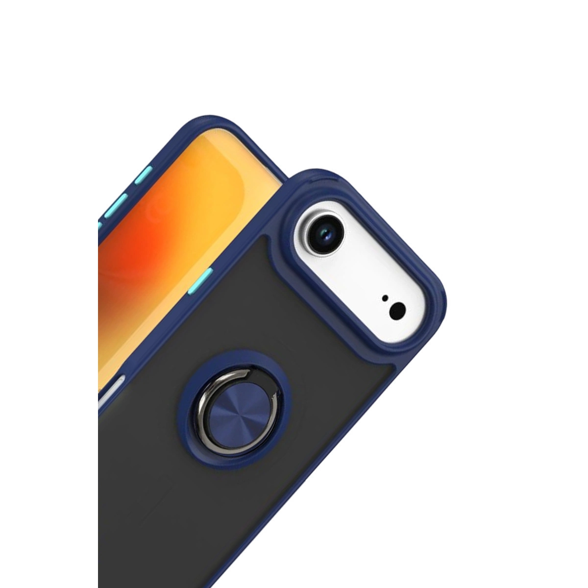 Mavi kenarlı ve halka tutuculu siyah telefon kılıfı.
