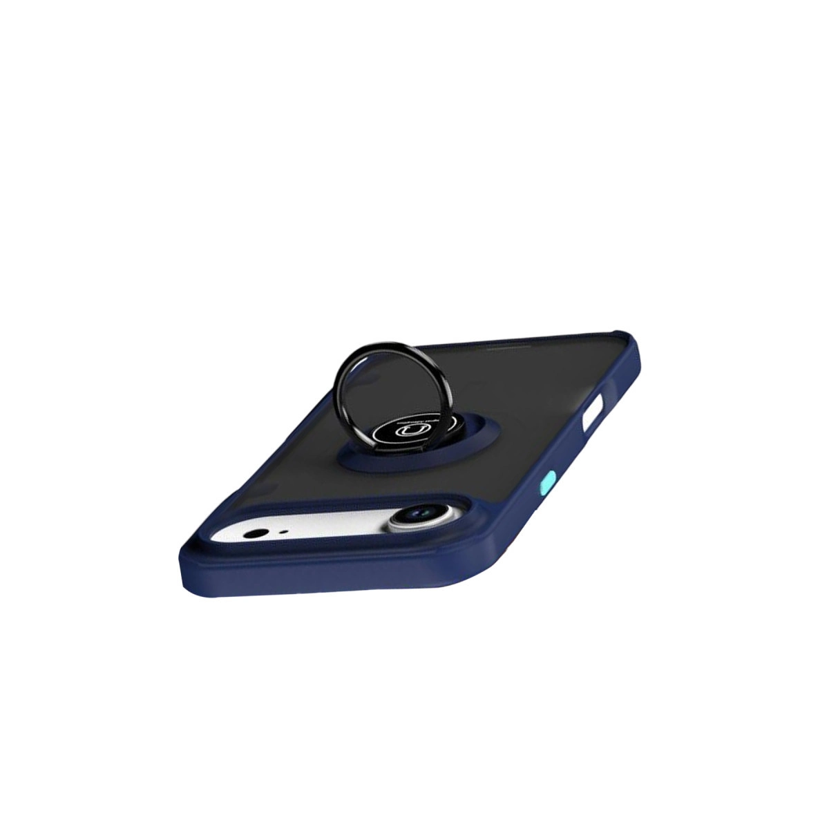 Beyaz arka plan üzerinde halka tutuculu lacivert telefon kılıfı.