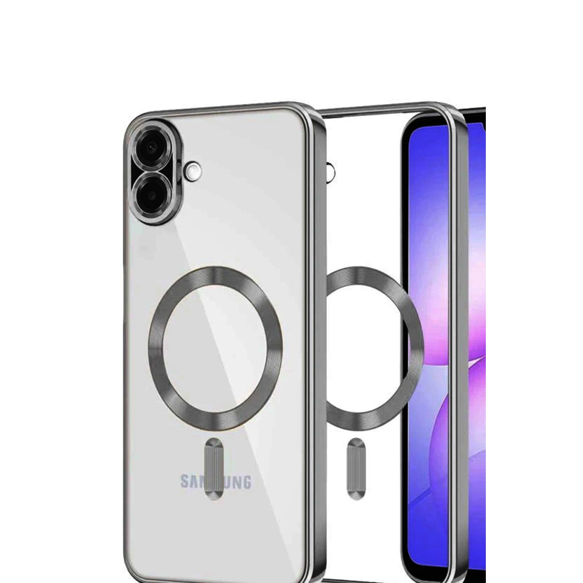 Gümüş çerçeveli, manyetik halkalı, kamera kesimli şeffaf telefon kılıfı.
