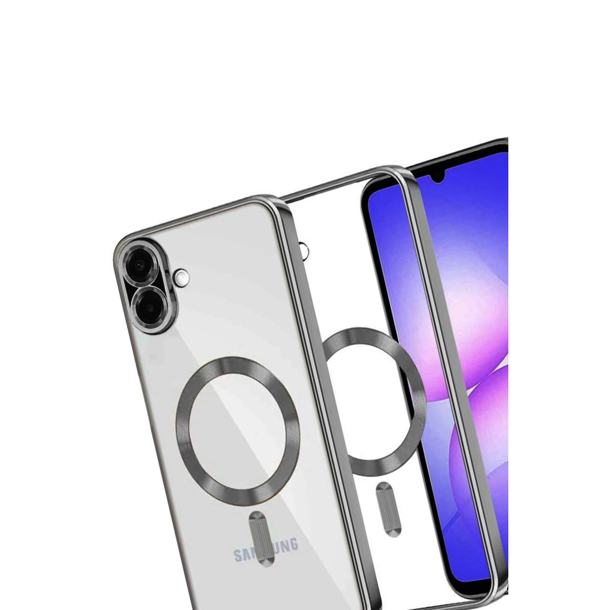 Gümüş halkalı ve kamera modüllü şeffaf telefon kılıfı.