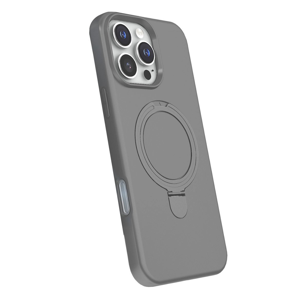 Halka tutuculu ve üç kamera lensli gri telefon kılıfı.