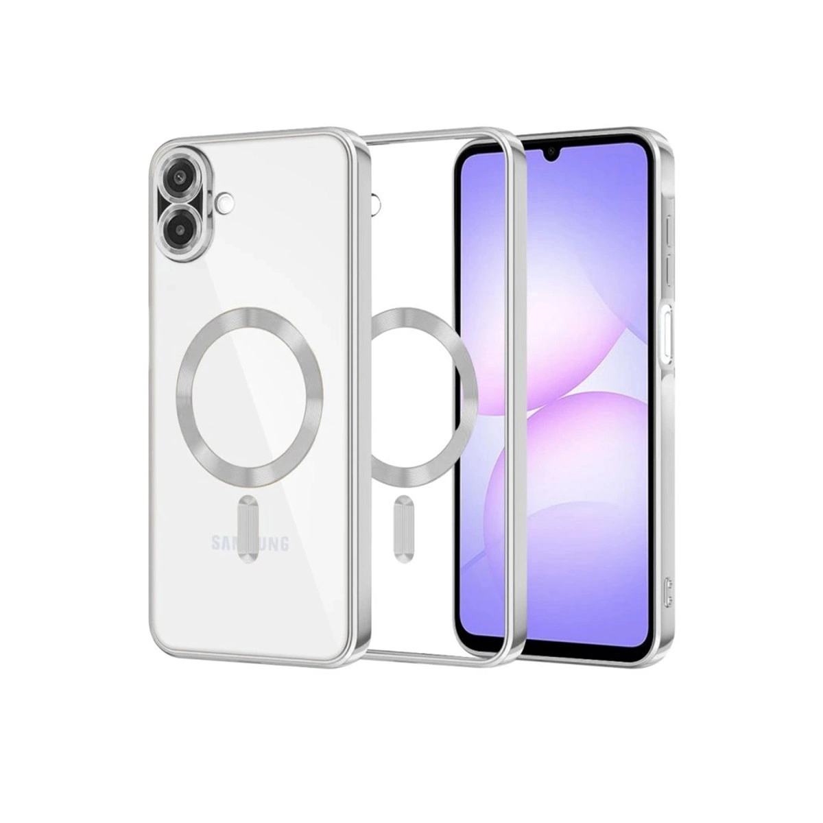 Gümüş halkalı ve kamera kesimli şeffaf telefon kılıfı beyaz arka plan üzerinde.