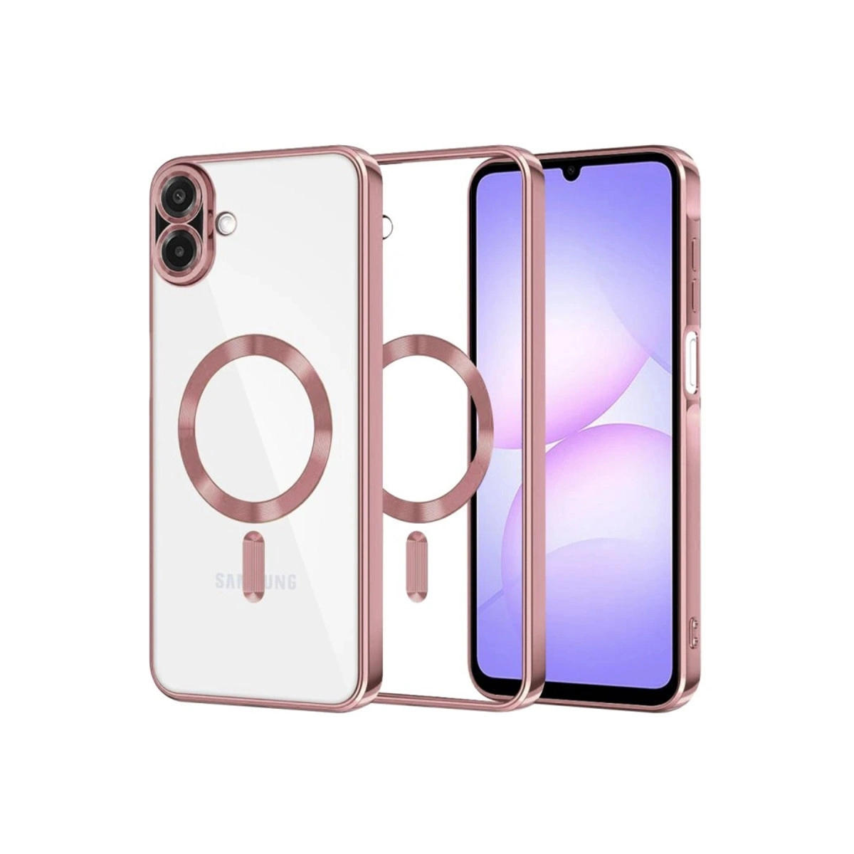 Rose gold çerçeveli şeffaf telefon kılıfı, manyetik halka ve telefon.