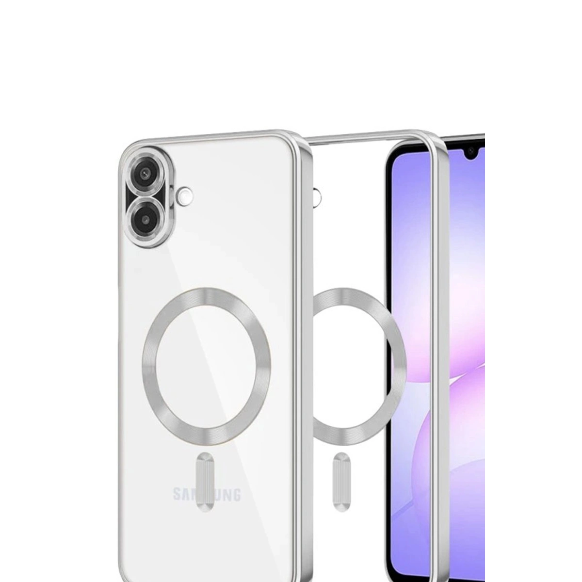 Akıllı telefon için gümüş halkalı şeffaf kılıf, beyaz arka plan.