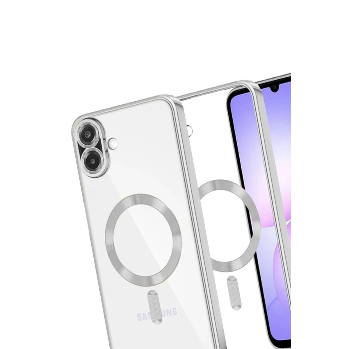 Gümüş manyetik halkalı ve çift kameralı şeffaf telefon kılıfı.