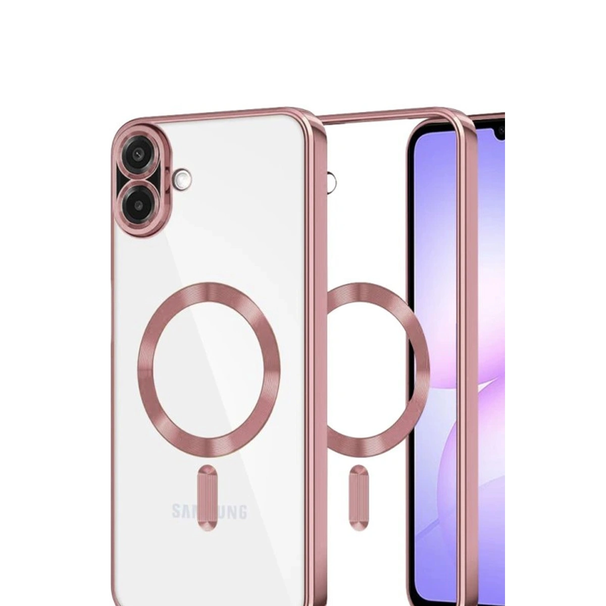 MagSafe halkalı ve çift kameralı rose altın renkli telefon kılıfı.