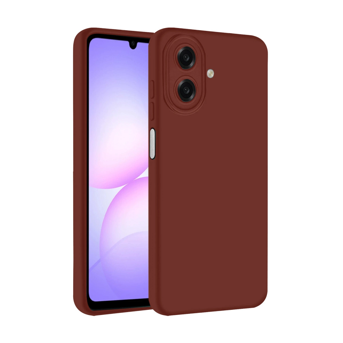 Bordo renkli telefon kılıfı, mor ekran arka planlı bir akıllı telefonu kaplar.
