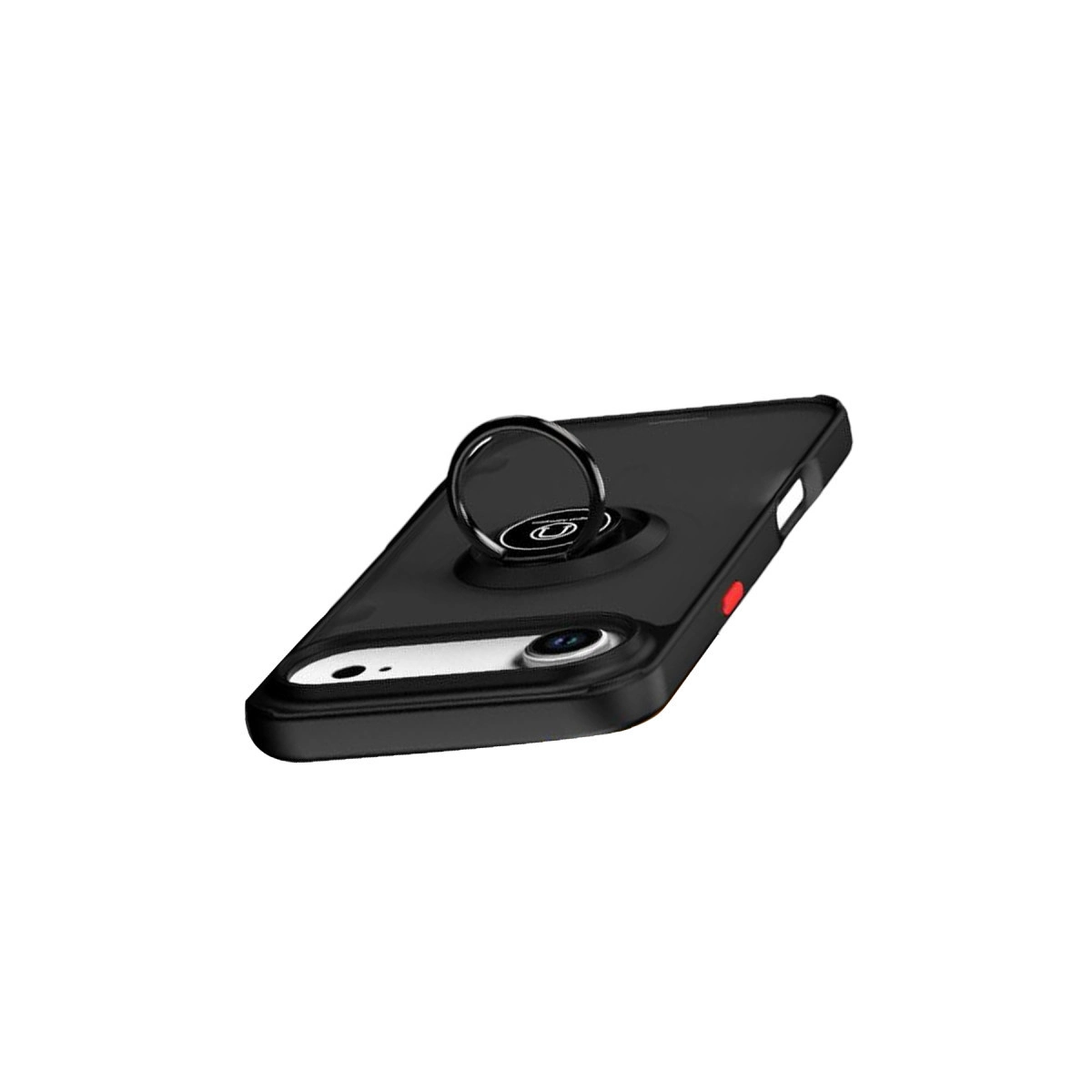 Halka tutuculu siyah telefon, beyaz kenarlar, kırmızı düğme.
