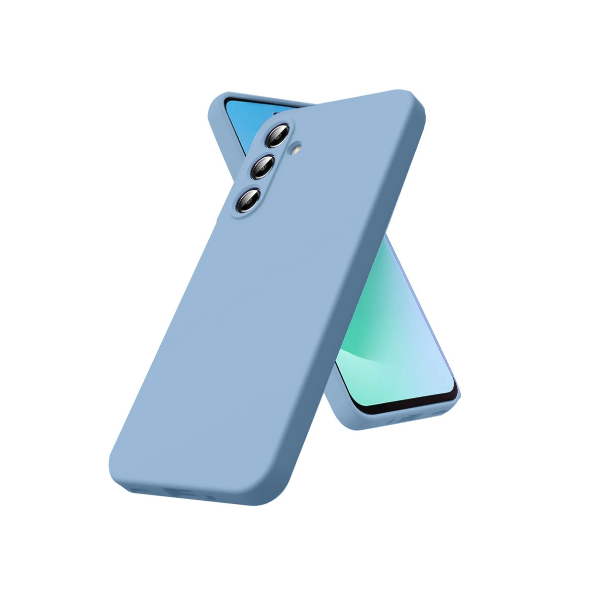 Beyaz arka plan üzerinde üç kameralı iki mavi telefon kılıfı.