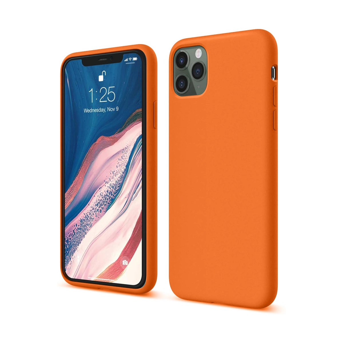 Kilit ekranını gösteren turuncu bir akıllı telefon kılıfı.