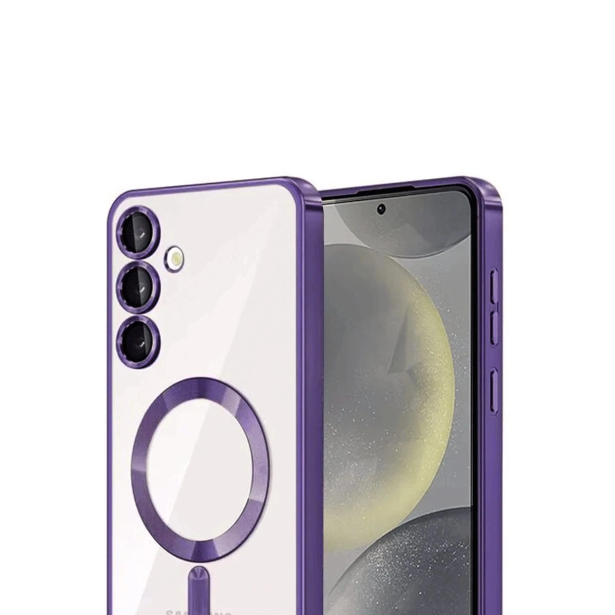 Üç kameralı, şeffaf arkalı mor telefon kılıfı.