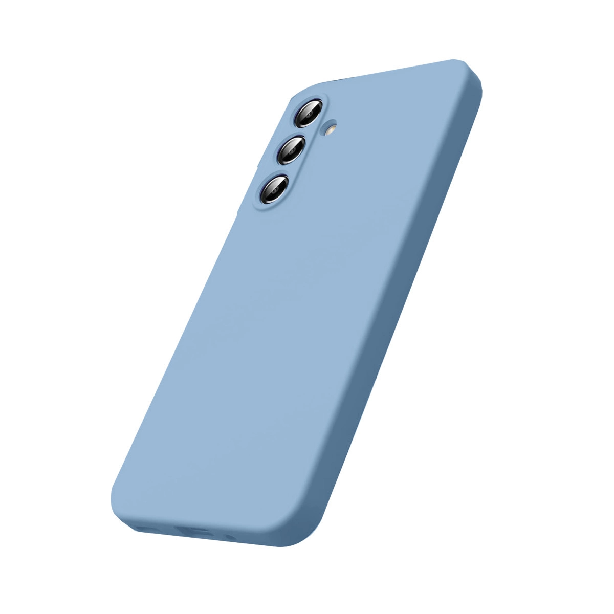 Arkada üç kamera lensi bulunan açık mavi telefon kılıfı.