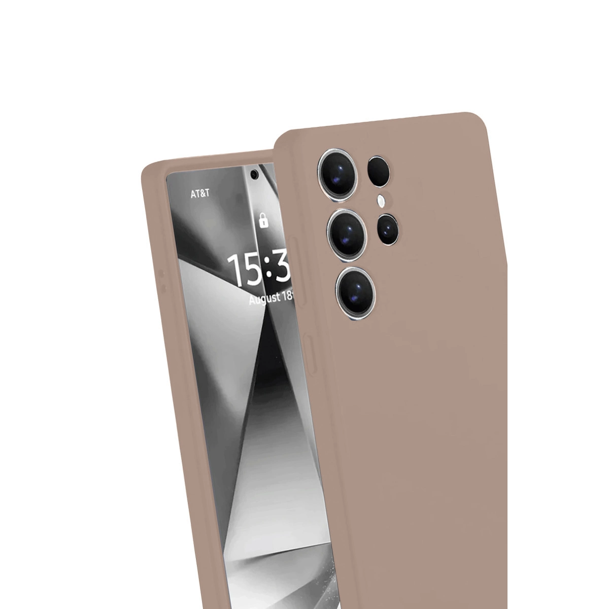 Beyaz arka plan üzerinde çoklu arka kameraya sahip, taupe renkli bir akıllı telefon.