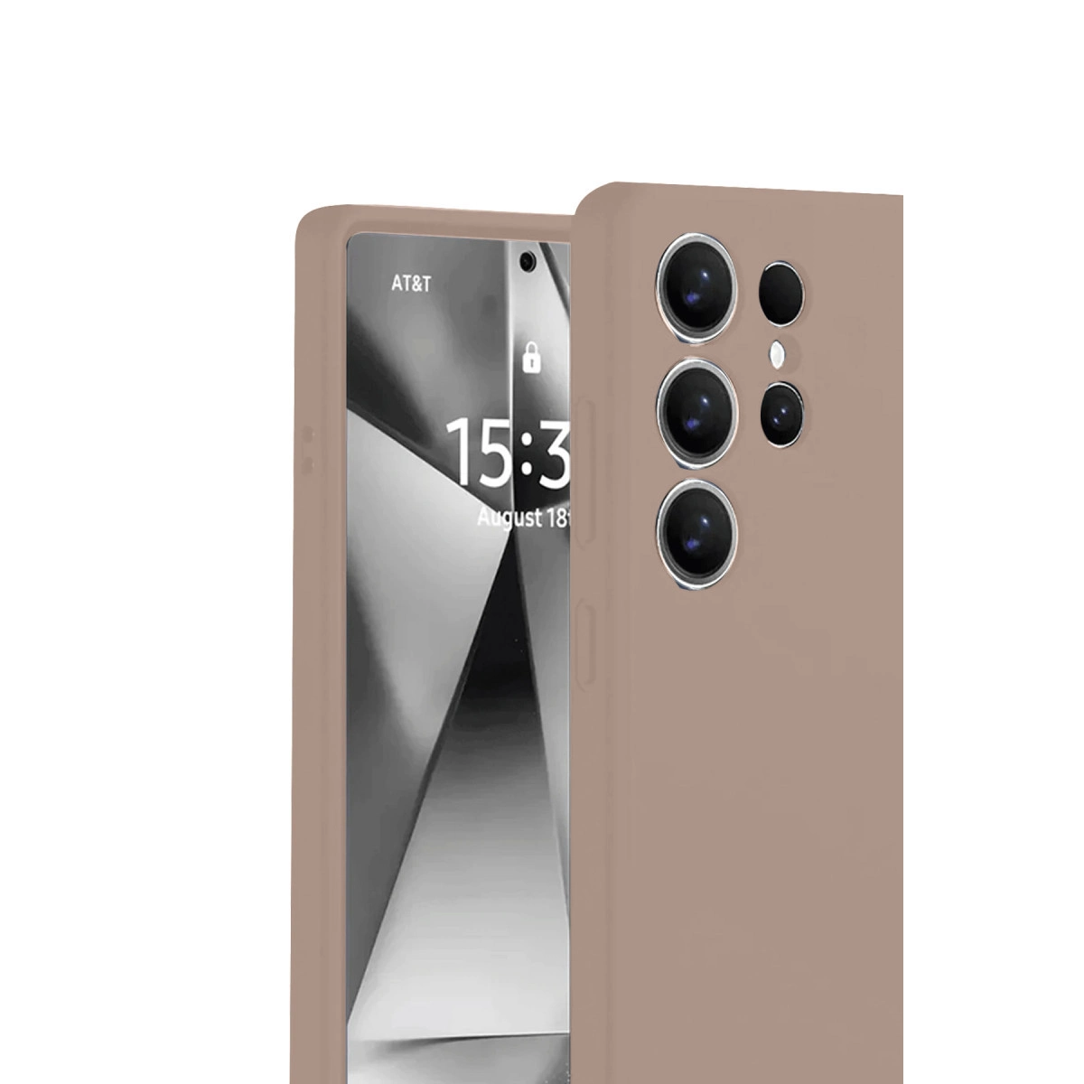 Arkada çoklu kamera lenslerine sahip, taupe rengi bir akıllı telefon.