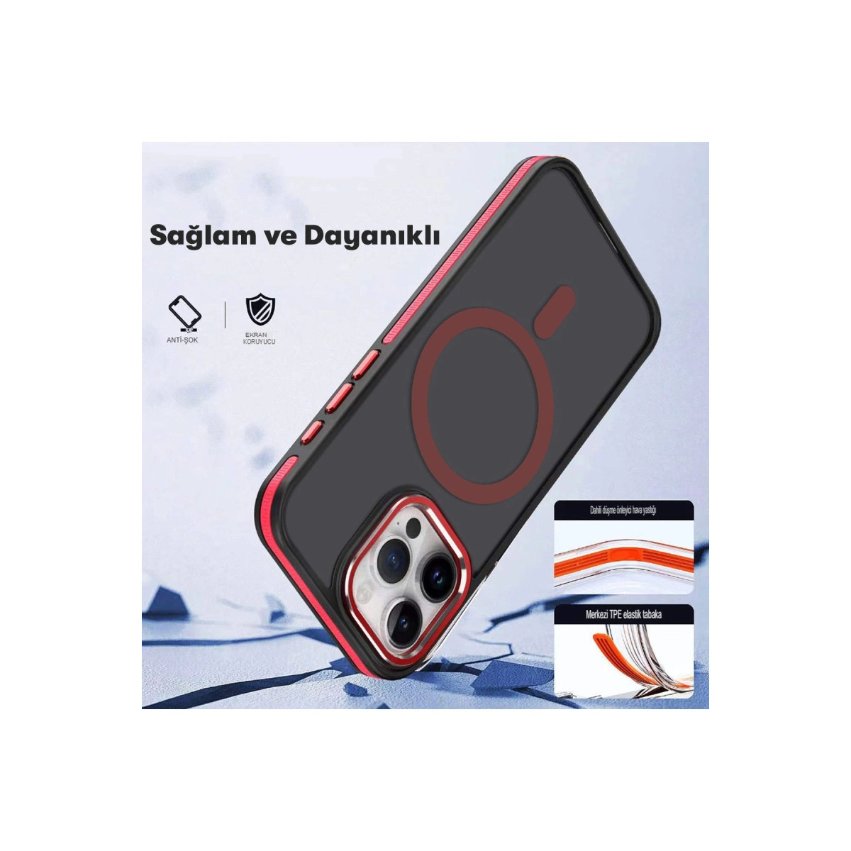 Kırmızı kenarlı ve manyetik halkalı siyah telefon kılıfı. Darbeye dayanıklı.