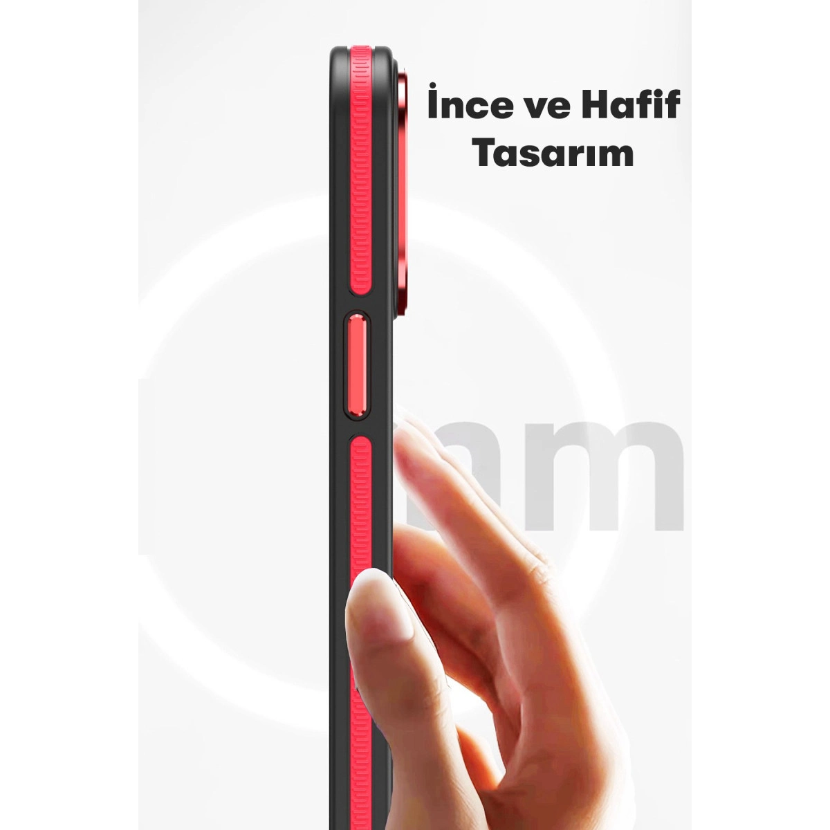 Bir el, kırmızı kenarlıklı ince siyah bir telefon tutuyor. Yazı: 'ince ve hafif tasarım'.