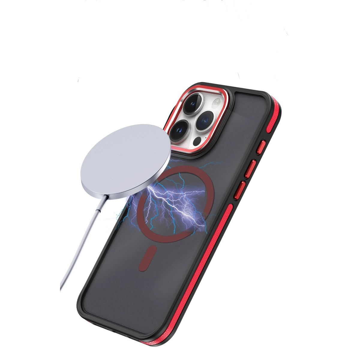 Kırmızı kenarlı siyah iPhone kılıfında manyetik şarj cihazı, şimşek efekti.