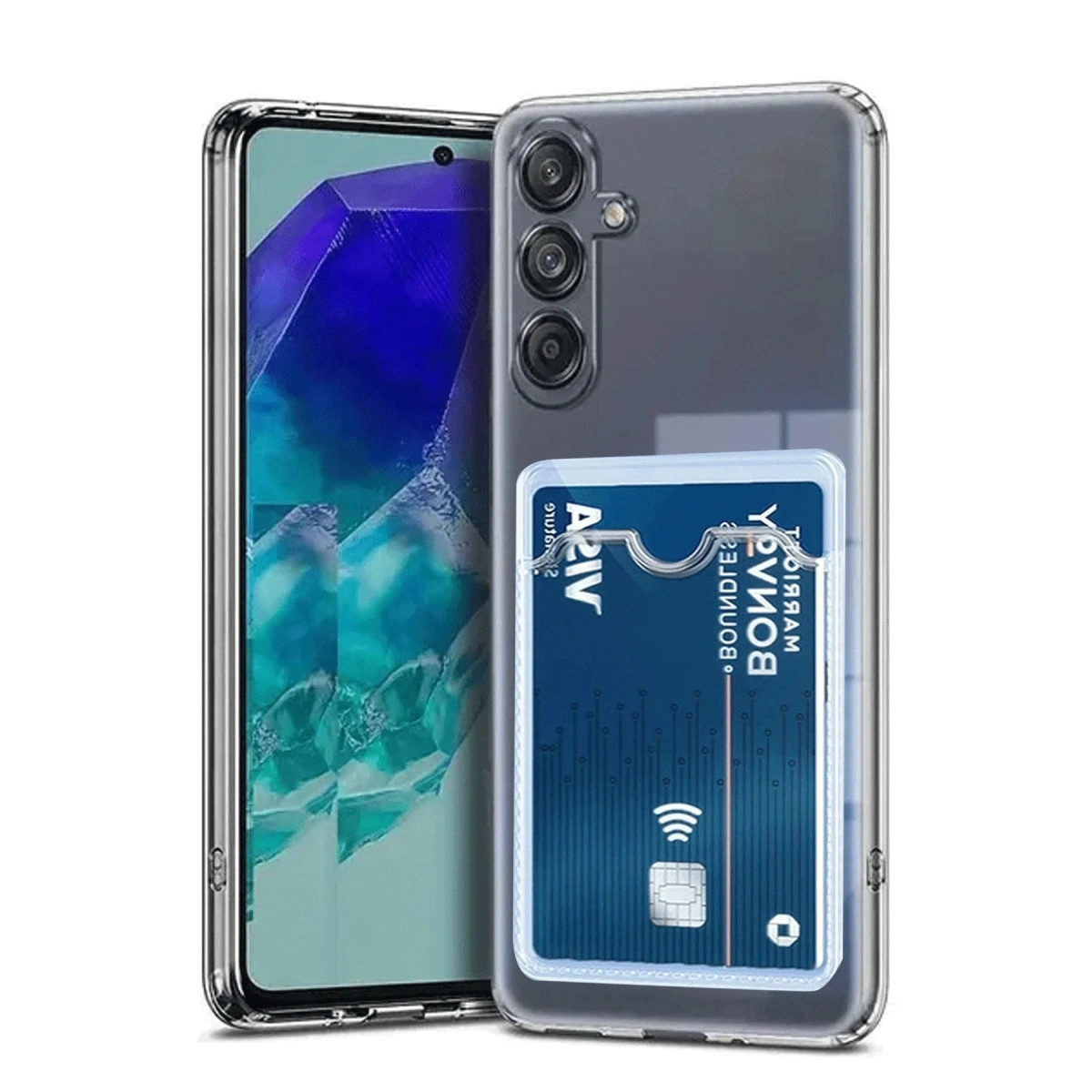 Mavi kartlı ve kart tutuculu şeffaf telefon kılıfı.