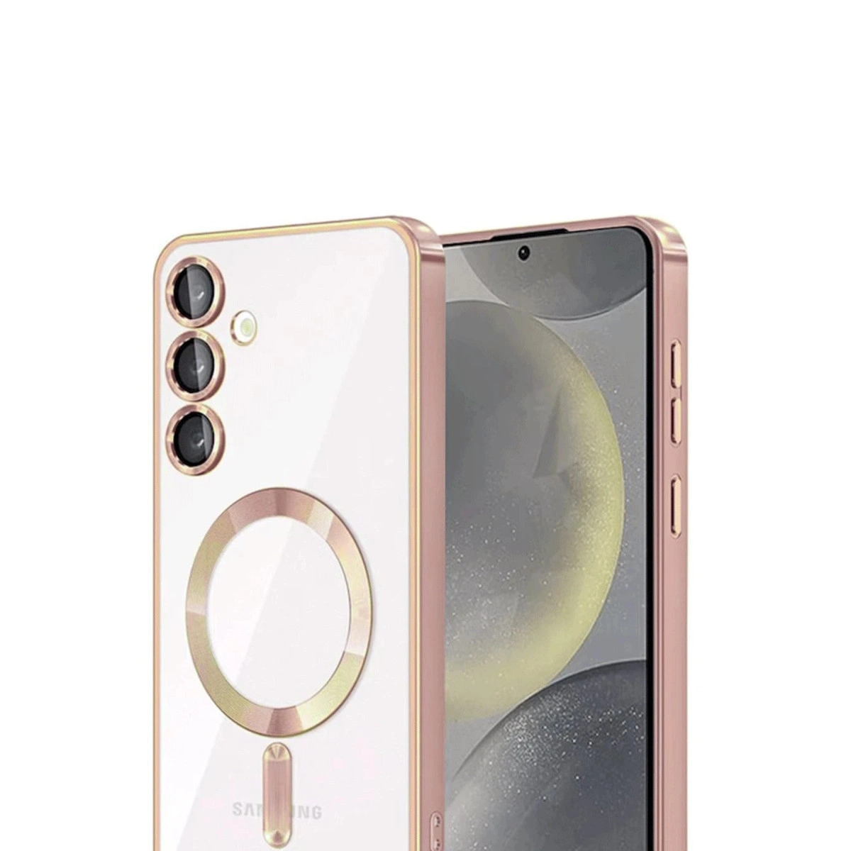 Arkada üç kamerası ve halkası olan, pembe altın rengi bir telefon.