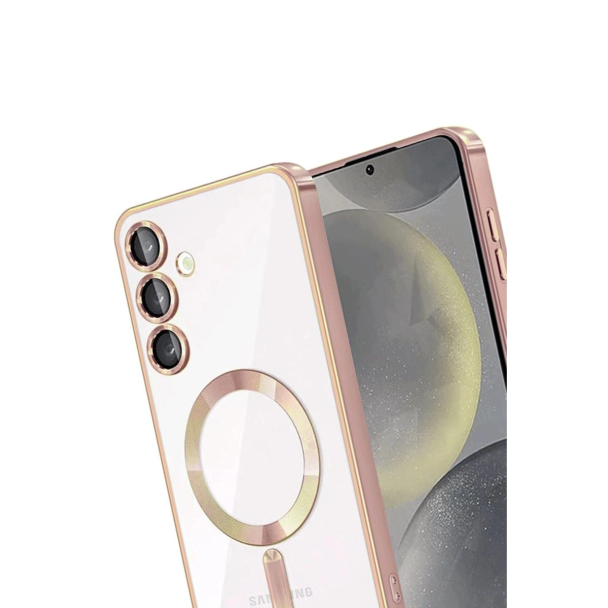 Arkası şeffaf, üç kameralı, halka tutuculu, rose gold rengi telefon.