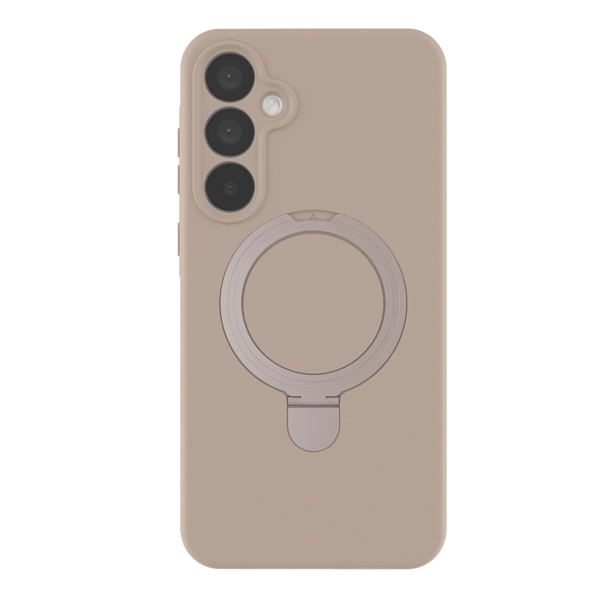 Üç kameralı ve gümüş halka tutuculu bej telefon kılıfı.