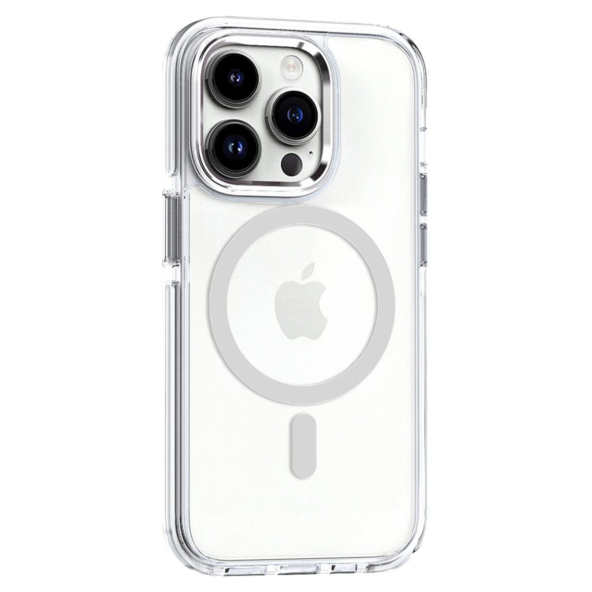 Üç lensli ve Apple logolu şeffaf kılıf.