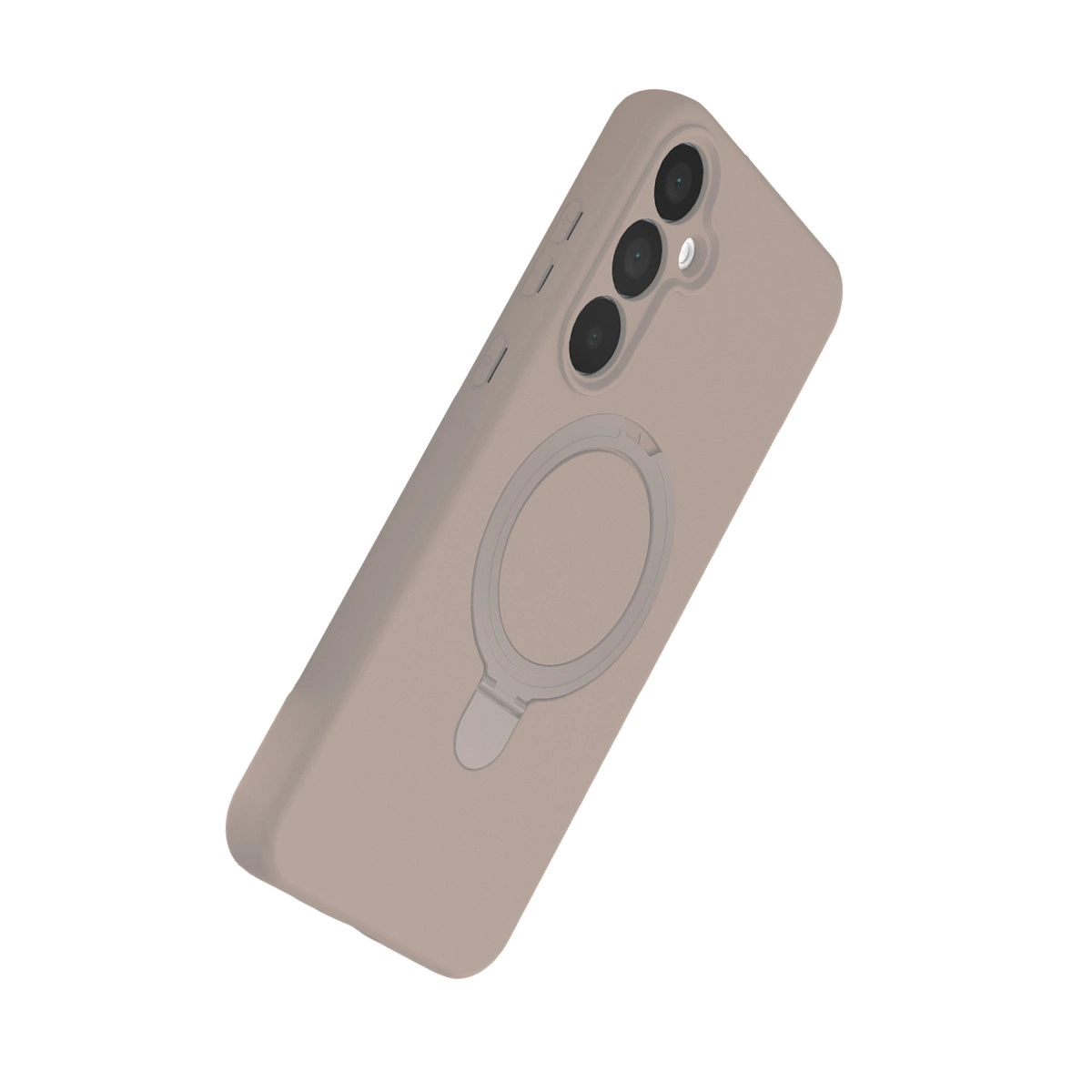 Üç kameralı ve halka tutuculu bej telefon kılıfı.