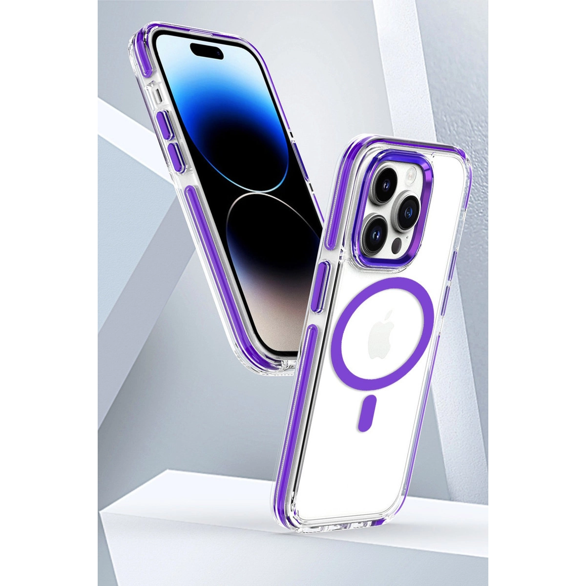 Mor bir iPhone kılıfı, mor vurgulu bir iPhone'un yanında duruyor.