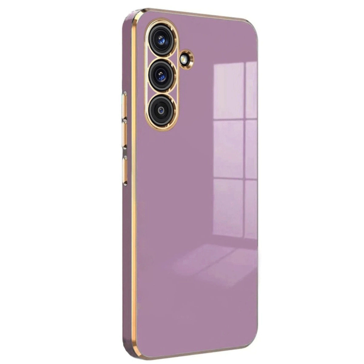 Üç kameralı, altın kenarlı mor telefon kılıfı.