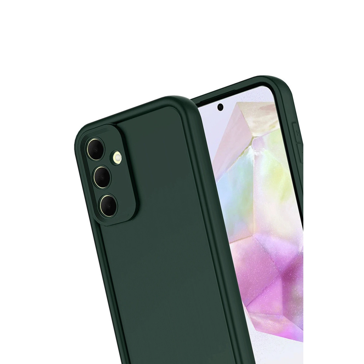 Üçlü kamera kurulumlu koyu yeşil telefon kılıfı, beyaz arka planda açılı.
