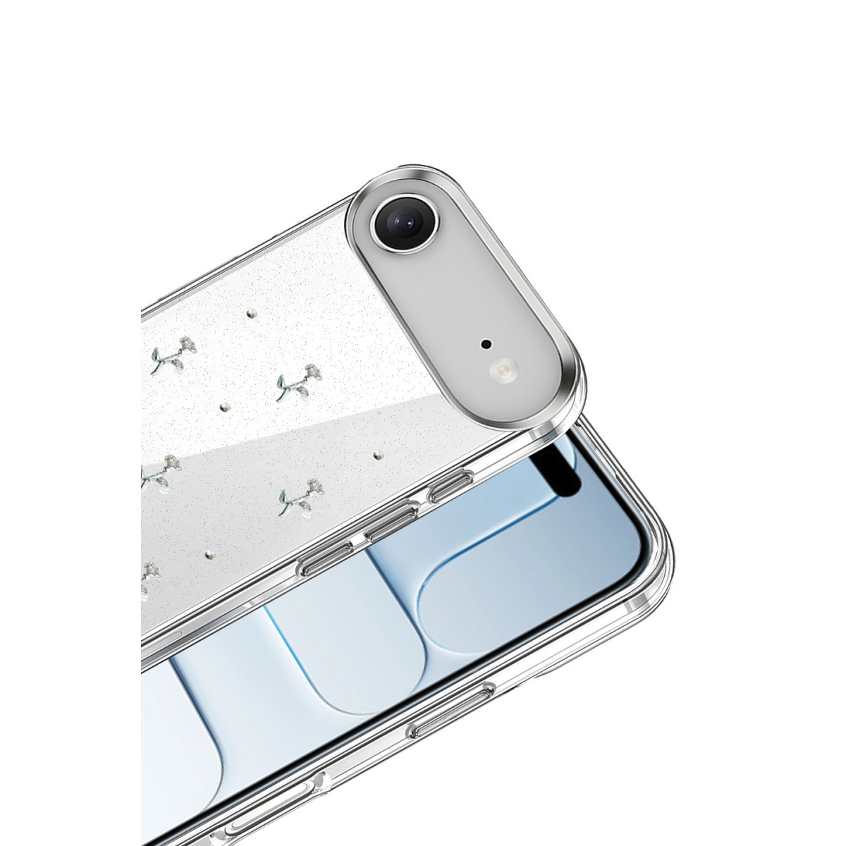 Telefon üzerinde narin çiçekler ve sim ile şeffaf telefon kılıfı.