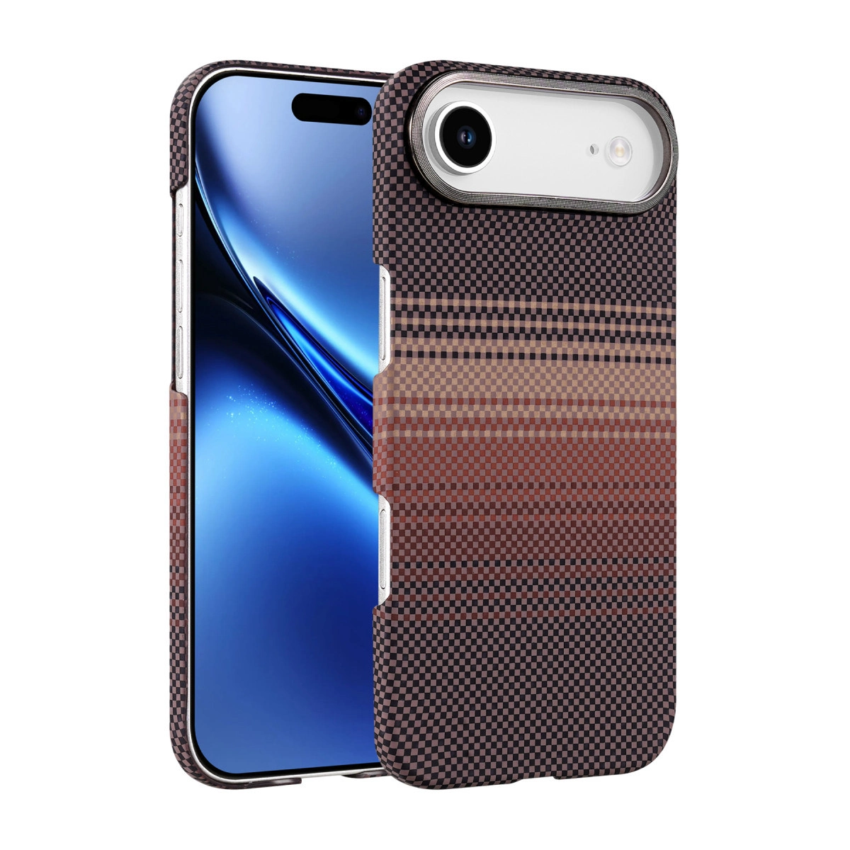 Kahverengi ve siyah kareli telefon kılıflı akıllı telefon.