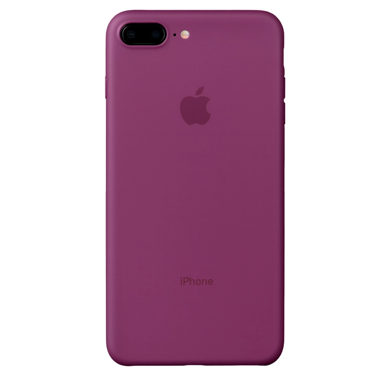 Apple logosu ve kamera kesimli mor iPhone kılıfı.