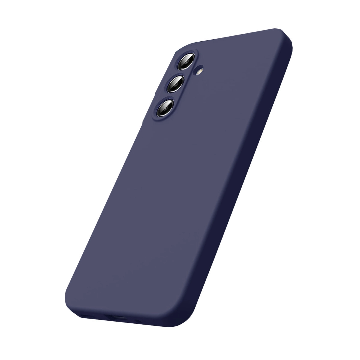 Koyu mavi telefon kılıfı, üç kamera lensli. Beyaz arka plan.