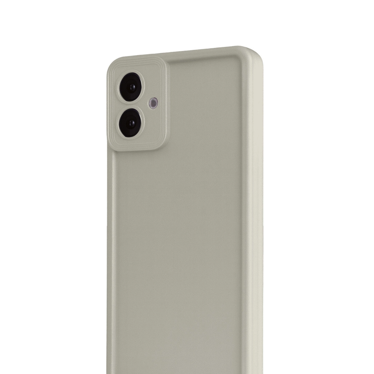 İki kamera lensi ve flaşlı açık gri akıllı telefonun arka görünümü.