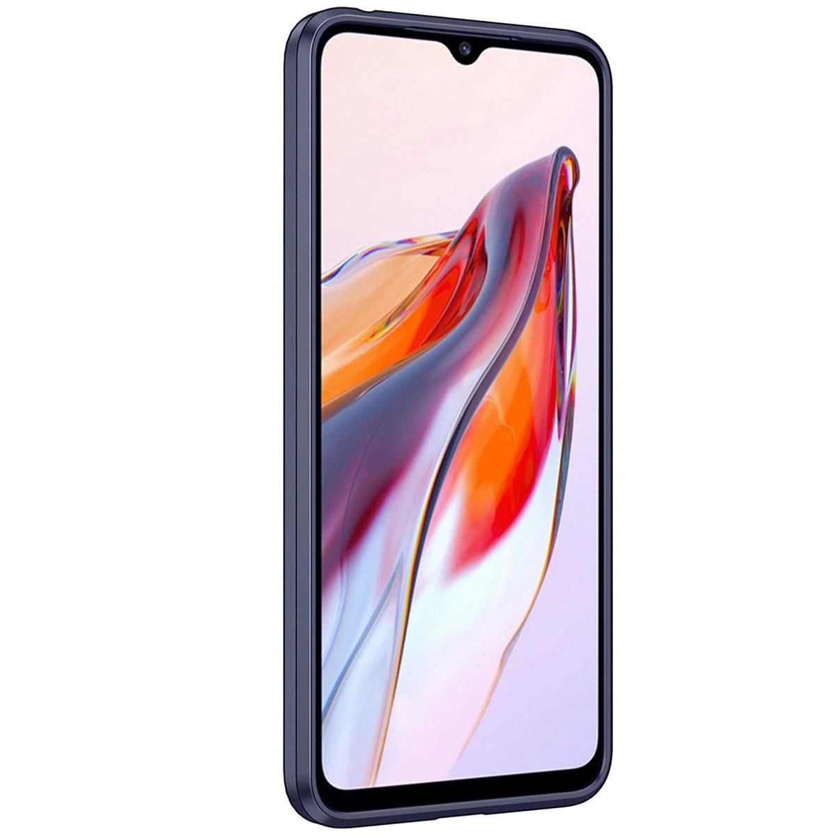 Ekranında soyut, renkli duvar kağıdı bulunan koyu mavi akıllı telefon.