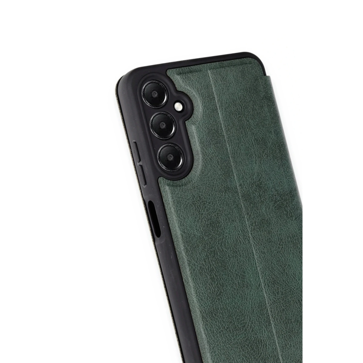 Üç kamera lensli ve flaşlı koyu yeşil telefon kılıfı.